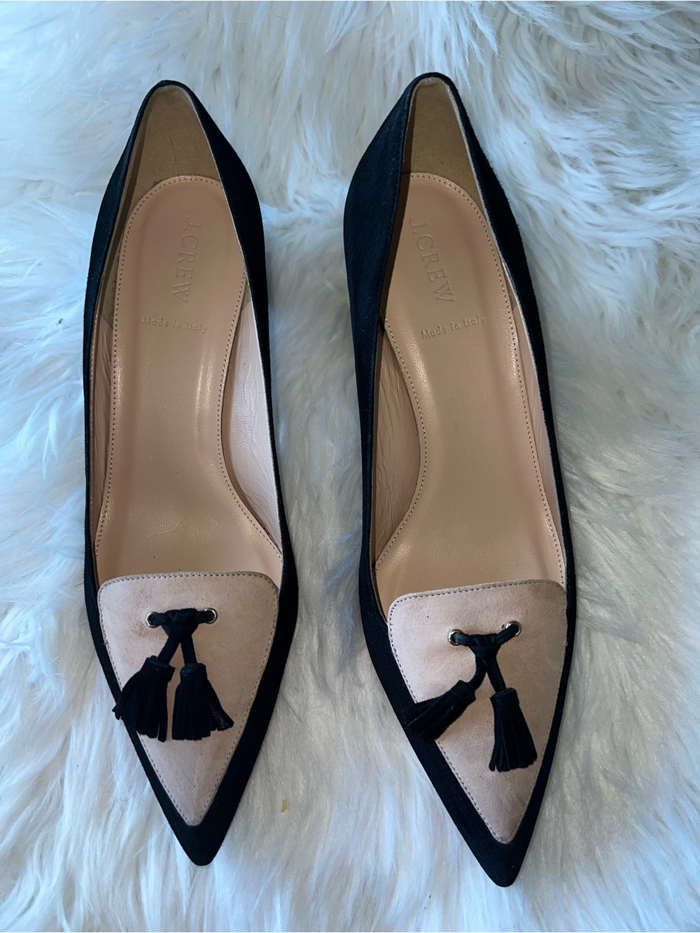 J. Crew Black Suede Low Block Heel Pumps with Beige Tassel